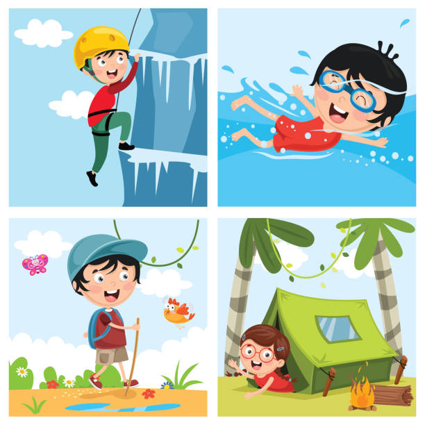stockillustraties, clipart, cartoons en iconen met vectorillustratie van kinderen bij de natuur - ice swimming