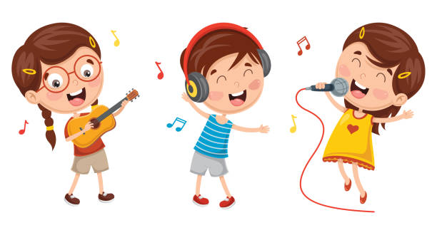 stockillustraties, clipart, cartoons en iconen met vector illustratie van kinderen maken kunst prestaties - zingen