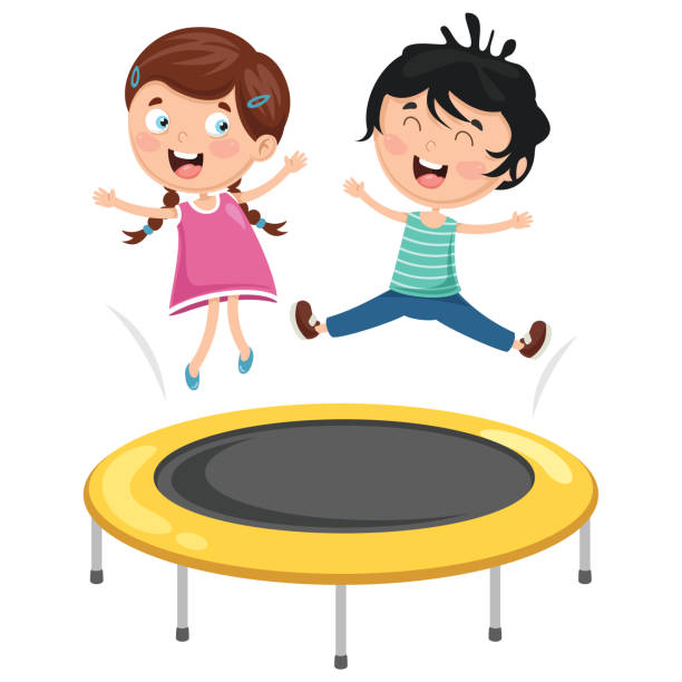 illustrazioni stock, clip art, cartoni animati e icone di tendenza di illustrazione vettoriale dei bambini che giocano trampolino - tappeto elastico