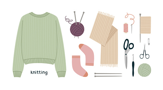 Vector illustration of knitting tools and knitted clothes in flat style.