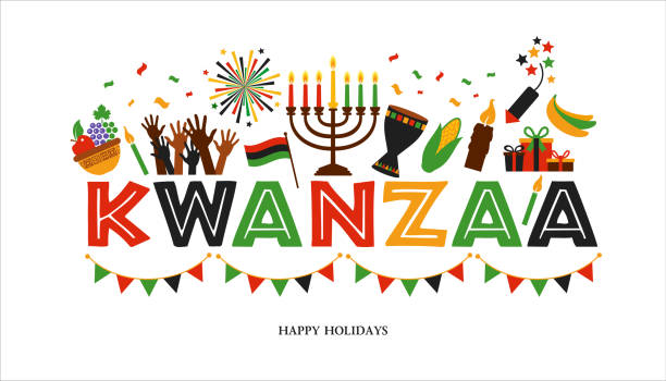 Vector illustration of Kwanzaa. Holiday african symbols with lettering on white background. Vector collection of Happy Kwanzaa. Holiday symbols on white background kwanzaa stock illustrations