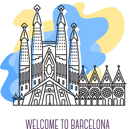 Vector illustration of La Sagrada Familia. Barcelona landmark. Symbol of Spain. Thin line art design of Temple of the Holy Family