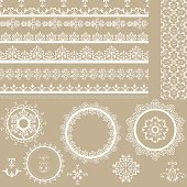 Vector lacy vintage ribbons, napkins, and design elements, lacy seamless brushes included, shadows at the separate layer, fully editable eps 8 file