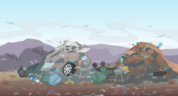 stockillustraties, clipart, cartoons en iconen met vectorillustratie van stortplaats landschap met afval. vuilnis dump achtergrond. concept van milieu vervuiling. - waste disposal