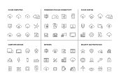 Vector illustration of line icons for Cloud Technology, Communication, Connectivity, Network, Security and Protection. Outline Symbol Collection