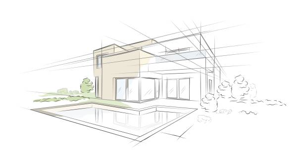 ilustrações de stock, clip art, desenhos animados e ícones de vector illustration of linear project architectural sketch detached house - ilustrações de arquitetura