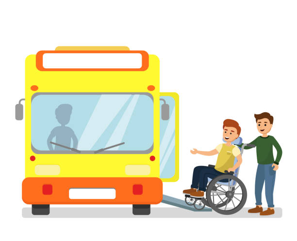 ilustrações de stock, clip art, desenhos animados e ícones de vector illustration of man helping disabled man in a wheelchair com into the bus in bus station in flat cartoon style. - wheelchair street