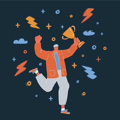 Vector illustration of man hold trophy and dance, jump. Champion over dark