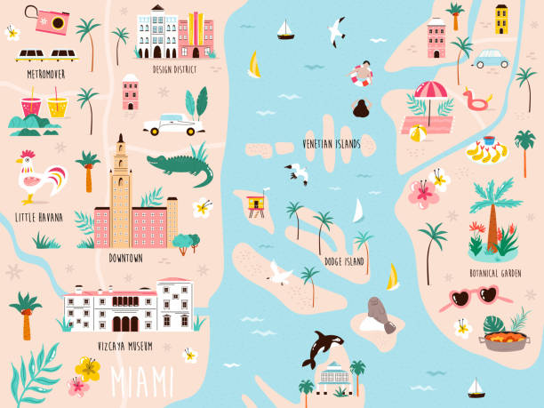 Vector illustration of map of Miami with streets, symbols, famous landmarks Vector illustration of map of Miami, state Florids with streets, symbols, famous landmarks. Bright design for tourist leaflets, magazines, posters. florida beaches map stock illustrations