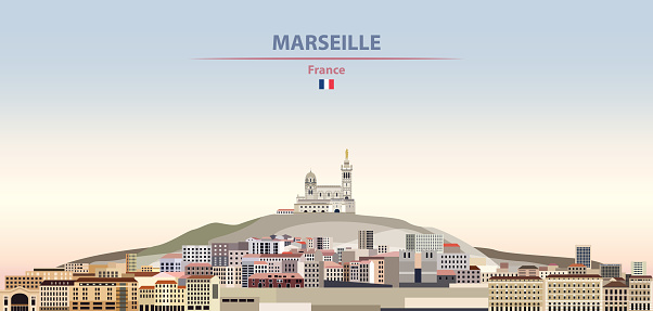 Vector illustration of Marseille city skyline on colorful gradient beautiful daytime background