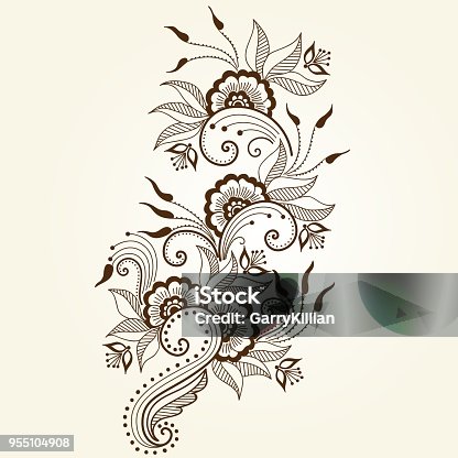 istock Vector illustration of mehndi ornament. Traditional indian style, ornamental floral elements for henna tattoo, stickers, mehndi and yoga design, cards and prints. Abstract floral vector illustration. 955104908