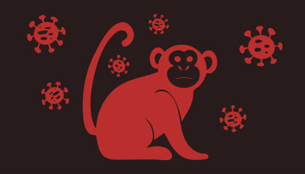 바이러스 세포가있는 원숭이 아이콘의 벡터 일러스트 레이 션. 새로운 monkeypox 2022 바이러스 - 원숭이에 의해 전염되는 질병, 흰색 배경에 고립 된 단순한 평면 스타일의 원숭이 - monkey pox stock illustrations