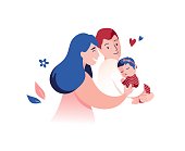 Vector Illustration Of Mother and Father Holding Baby Daughter In Arms. Happy Family concept.
