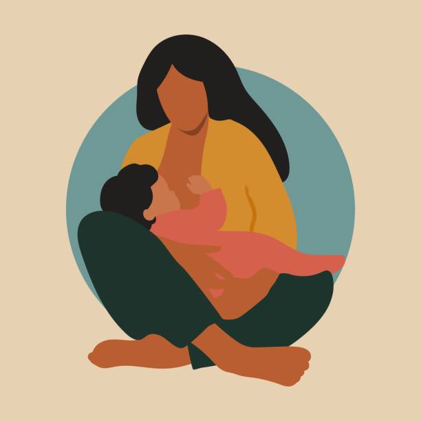 Vector illustration of mother breastfeeding her baby. Vector illustration of mother breastfeeding her baby.  Lactation concept in flat style design. breastfeeding stock illustrations