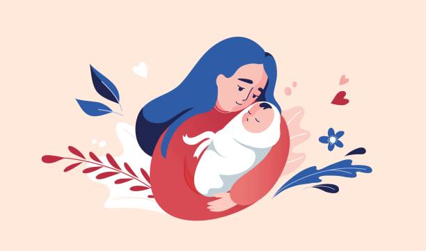 Vector Illustration Of Mother Holding Baby In Arms. Vector Illustration Of Mother Holding Baby In Arms. Floral Background. newborn stock illustrations