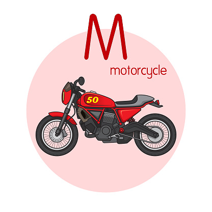 Vector illustration of Motorcycle  with alphabet letter M Upper case or capital letter for children learning practice ABC