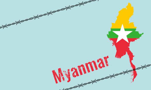 stockillustraties, clipart, cartoons en iconen met vectorillustratie van het politieke crisisconcept van myanmar. de kaart van myanmar, vlag en weerbarendraad - association of southeast asian nations