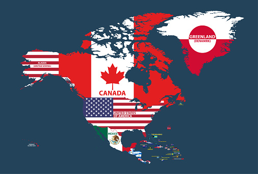 Vector Illustration Of North America Map With Country Names And Flags