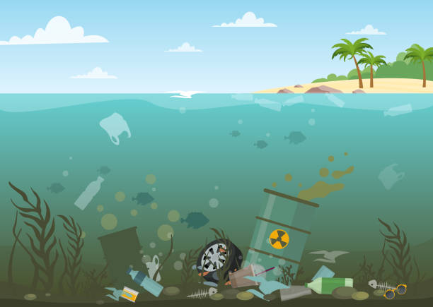 Vector illustration of ocean water full of dangerous waste at the bottom. Eco, water pollution concept. Garbage in the water, flat style. Vector illustration of ocean water full of dangerous waste at the bottom. Eco, water pollution concept. Garbage in the water, flat style destruction stock illustrations