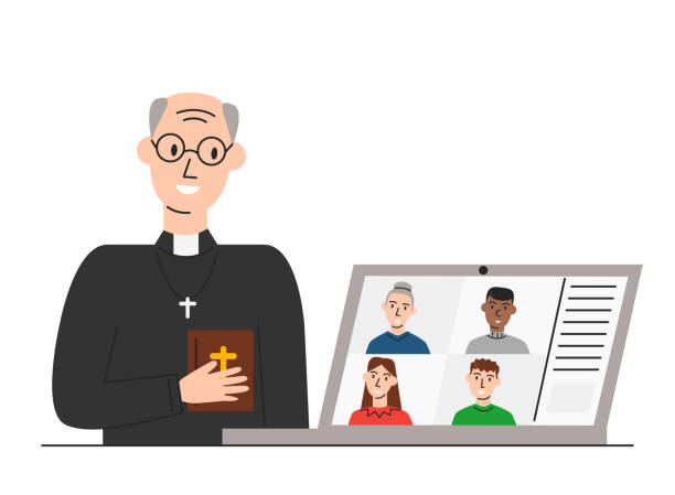 ilustrações de stock, clip art, desenhos animados e ícones de vector illustration of online church and pastor - pastor