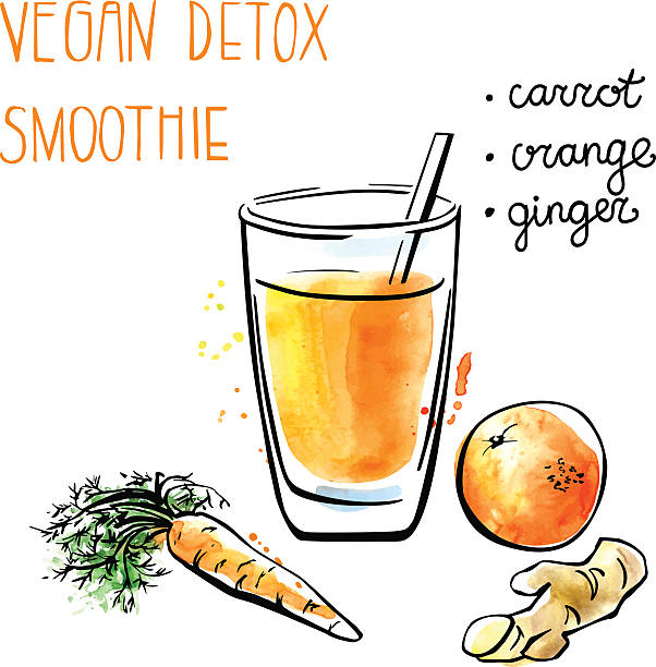 Vector illustration of orange smoothie Vector illustration of vegan detox smoothie. Hand drawn recipe of healthy drink made of carrot, orange and ginger. Black outline and bright watercolor stains with artistic drips. Isolated on white. smoothie drawings stock illustrations