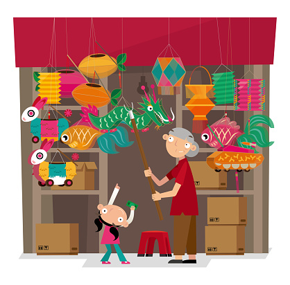 Vector illustration of paper-crafted offerings shop in Hong Kong. During the Chinese Lantern Festival, it hangs varieties of lanterns at the shop front.