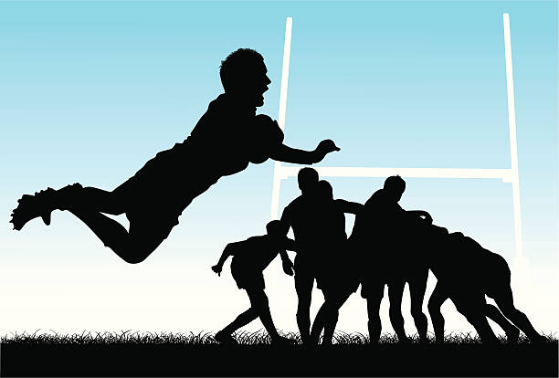 Vector illustration of people playing rugby A rugby player about to score a try and a group of players in a maul in front of the posts in a rugby game rugby league stock illustrations