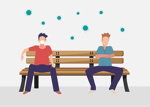 Vector illustration of people sitting outdoors with distance. Concept of social distancing and coronavirus covid-19 prevention. Safety, mask, protection.