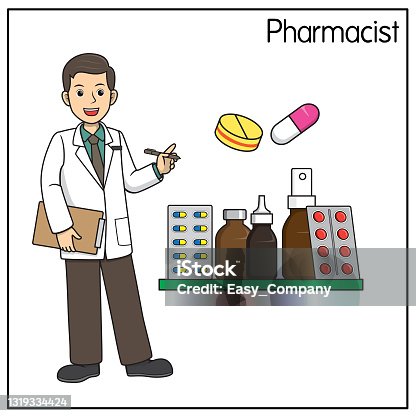 istock Vector illustration of pharmacist isolated on white background. Jobs and occupations concept. Cartoon characters. Education and school kids coloring page, printable, activity, worksheet, flashcard. 1319334424