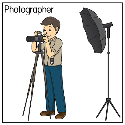 Vector illustration of photographer isolated on white background. Jobs and occupations concept. Cartoon characters. Education and school kids coloring page, printable, activity, worksheet, flashcard.
