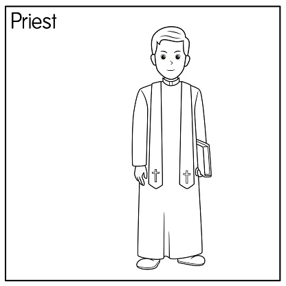 Vector illustration of priest isolated on white background. Jobs and occupations concept. Cartoon characters. Education and school kids coloring page, printable, activity, worksheet, flashcard. vector