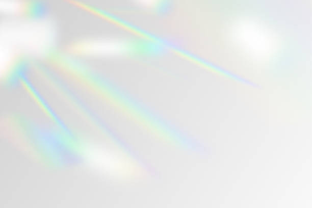 虹フレアオーバーレイ効果モックアップのベクトルイラスト。反射の結晶光線、影、背景のフラッシュをぼかした。自然な虹色の光の背景 - 人物なし点のイラスト素材／クリップアート素材／マンガ素材／アイコン素材