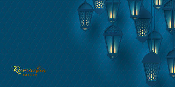 Vector illustration of Ramadan lanterns. Vector illustration of Ramadan lanterns in paper cut style with glowing lights. Dark blue islamic traditional background. fanous stock illustrations