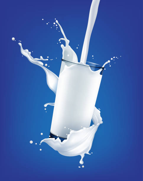 Vector illustration of realistic white splasing milk pouring into glass on background Vector illustration of realistic white splasing milk pouring into glass on blue background milk stock illustrations