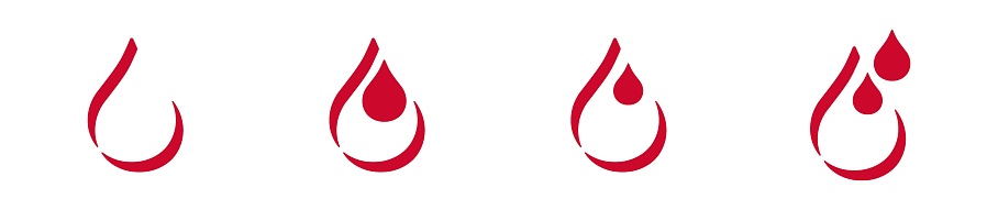 Vector illustration of red blood drop icon set. Flat droplet logo and mascot collection. Blood donation theme.