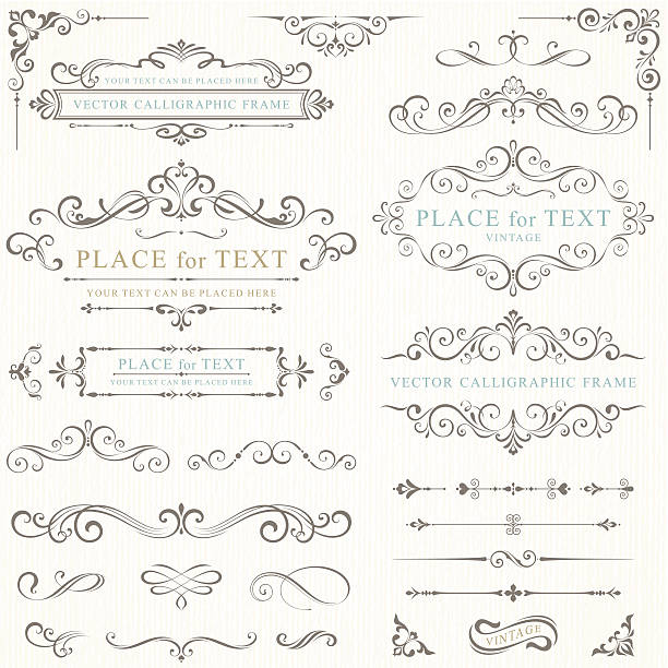 Vector illustration of retro frames A pale gray background with barely visible, slightly darker gray pin stripes behind two columns of ornately scrolled text frame samples on the top of the rectangular image, extending into samples of multiple frame sides on the bottom of the image.  Within three of the complete frames are the words "PLACE for TEXT," with the words, "YOUR TEXT CAN BE PLACED HERE" beneath them in two frames and "VINTAGE" beneath them in the third.  Two frames contain the words, "VECTOR CALLIGRAPHIC FRAME," with the words "YOUR TEXT CAN BE PLACED HERE" above them in one frame.  One complete frame on the bottom right of the image contains the word "VINTAGE." wedding invitation stock illustrations