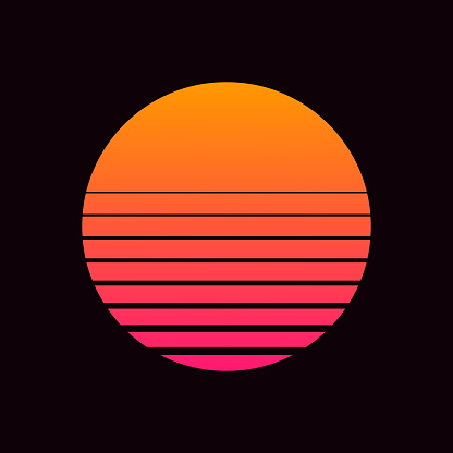Vector illustration of retro sun in 80`s style. Retrowave, synthwave futuristic background with sunset. Trendy design for sci-fi, cyber abstract poster, print.