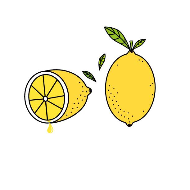 ilustrações de stock, clip art, desenhos animados e ícones de vector illustration of ripe juicy whole and halved yellow lemon with stem green leaves. citrus fruits vitamin c - boosting