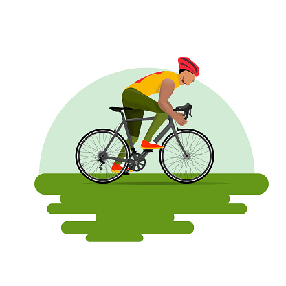 Vector illustration of road cycling,Cross-country bike race,Racing Route.A male athlete riding on a bicycle.