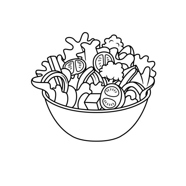 ilustrações de stock, clip art, desenhos animados e ícones de vector illustration of salad isolated on white background for kids coloring activity worksheet/workbook. - salad bowl