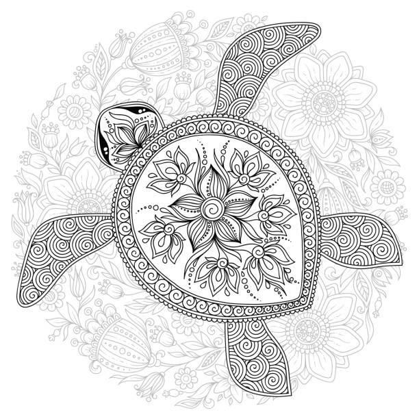 vektor-illustration der meeresschildkröte für buch malvorlagen - papier blumen studio stock-grafiken, -clipart, -cartoons und -symbole
