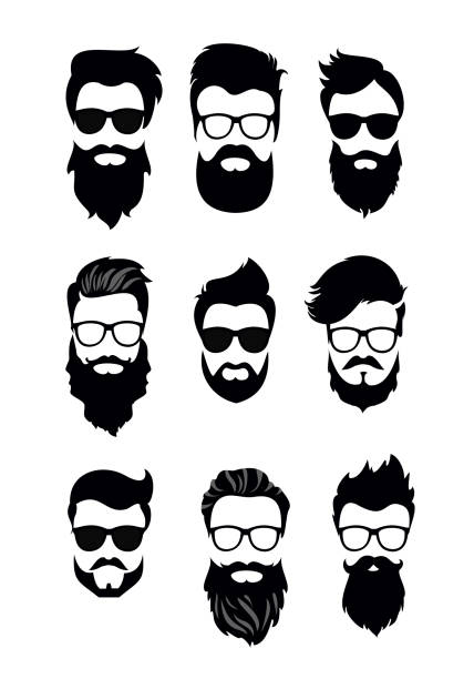 ilustrações de stock, clip art, desenhos animados e ícones de vector illustration of set of vector bearded men faces, hipsters with different haircuts, mustaches, beards. silhouettes men haircuts flat style. - barba