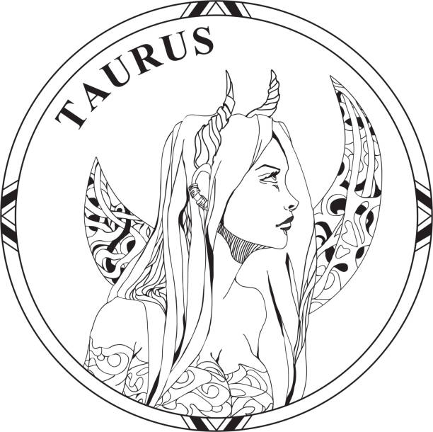 Vector illustration of sign zodiak Taurus. Beautiful girl with long hair and horns in round frame. Line art. Design for a tattoo. Coloring illustration. drawing of the bull head tattoo designs stock illustrations