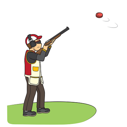 Vector illustration of skeet shooting athlete posing with shotgun aimed to target isolated on white background. Kids coloring page, drawing, art, first word, flash card. Color cartoon character clipart.