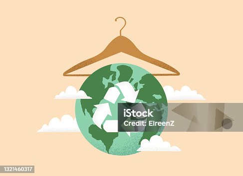 istock Vector illustration of Slow fashion concept with Earth planet globe, clothes hanger and Reuse, Reduce, Recycle symbol 1321460317