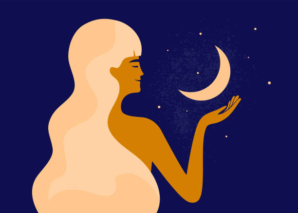 ilustrações de stock, clip art, desenhos animados e ícones de vector illustration of smiling woman with long light hair holding crescent moon in hand - numerologia