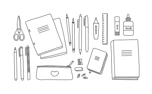 Vector illustration of stationery. Notebooks, books, pens, pencils, markers, scissors, glue, notebook, pencil case.