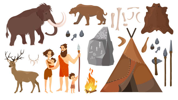 ilustrações de stock, clip art, desenhos animados e ícones de vector illustration of stone age people with elements for life, hunting tools. primitive neanderthal people family - man, woman and kids, mammoth and deer, tiger in flat cartoon style isolated on white background. - fire caveman