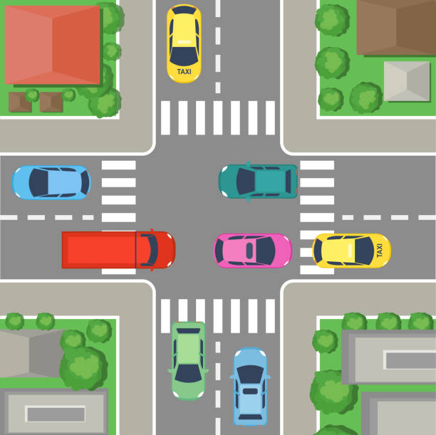 ilustrações de stock, clip art, desenhos animados e ícones de vector illustration of street crossing in city. street top view with cars and roads, houses and trees. crossroad concept in flat cartoon style. - trilhos pedestres