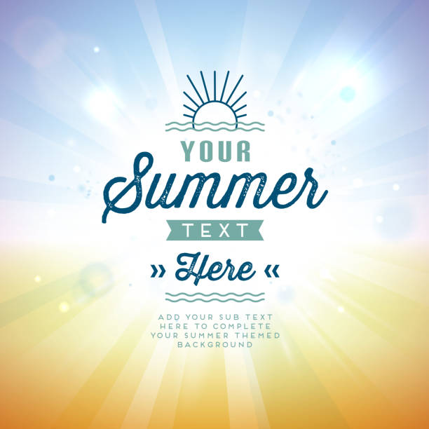 Vector illustration of summer background A summer themed background with text.  The image is orange on the bottom and blue on top with a celebratory font in dark blue and teal.  There is a large lens flare in the center of the image that brings attention to the text.  On the top of the image is a stylized sun rising over two squiggly lines that resemble ocean waves.  The same ocean waves lines are featured on the bottom of the image just above the sub text section.  The text is fully editable and uses transparencies. beach symbols stock illustrations
